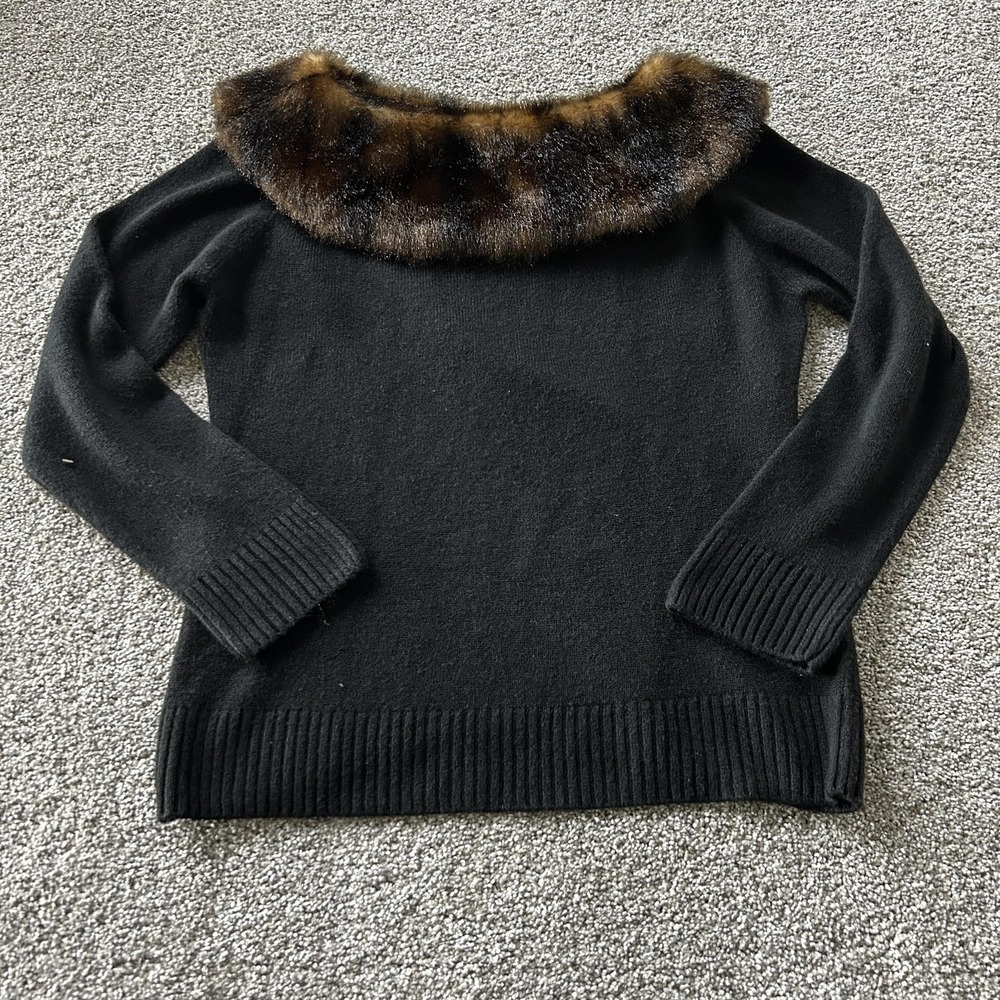 Y2K Nygard Collection Sweater Womens Large Black Boat Neck Fur Trim Knit